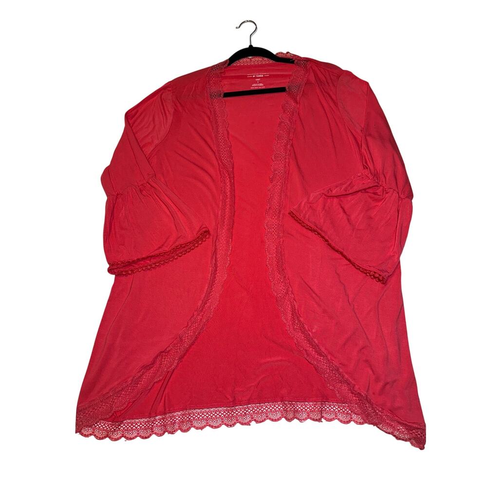 Torrid Super Soft Cardigan Women's Plus Size 1X Coral Lace Trim Ruffle Sleeve